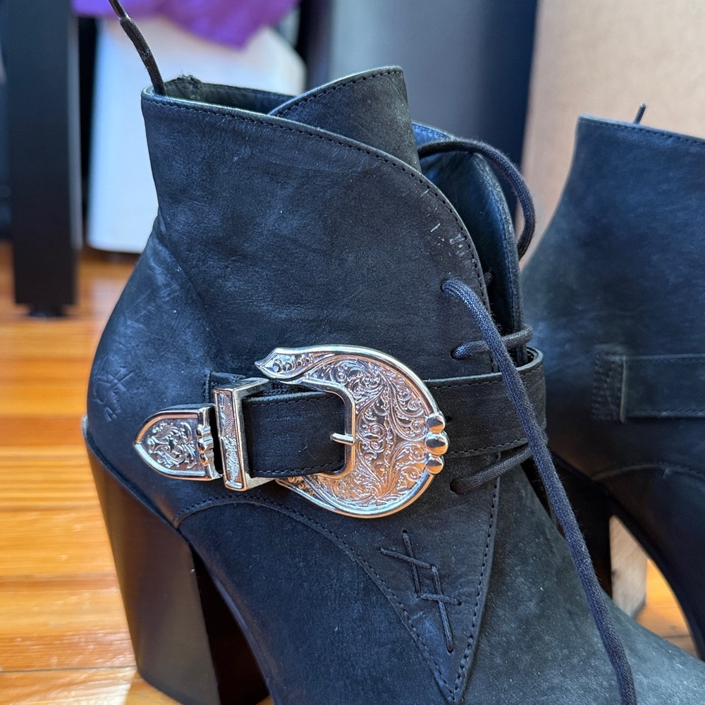 John Fluevog Black Heeled Boots with Ornate Silver Buckle - Picture 4 of 8